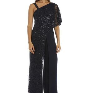 R&M Richards Asymmetric Sequins Navy Blue Jumpsuit Size 10
